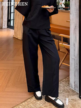 黑色醋酸混纺凉感松紧高腰垂坠梨形阔腿裤西裤