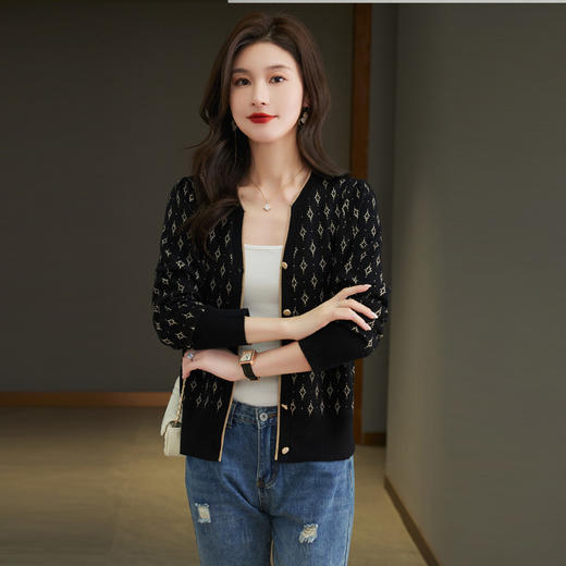 港风长袖拼色鸡心领薄款春秋开衫针织衫CC-6656 商品图2