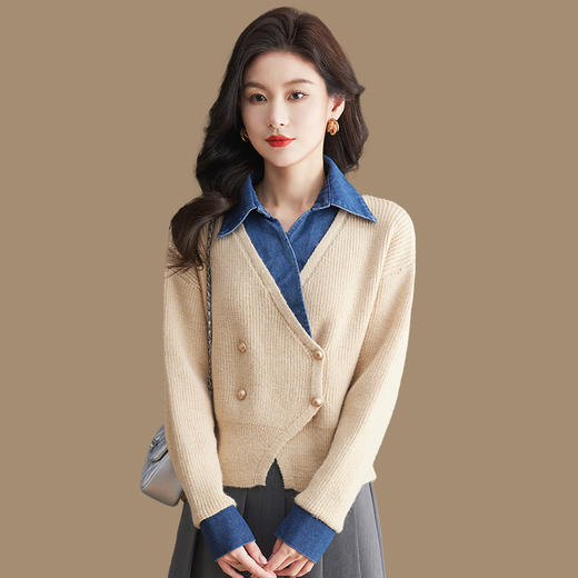 短款开衫高腰配裙子，拼接牛仔衬衫领针织衫CC- 27-24134 商品图0