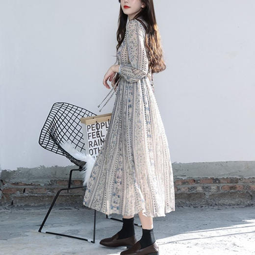 雀说 秋冬新款收腰碎花长裙子轻熟风减龄洋气a字连衣裙4ZF-15424 商品图2