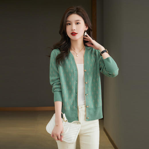 港风长袖拼色鸡心领薄款春秋开衫针织衫CC-6656 商品图3