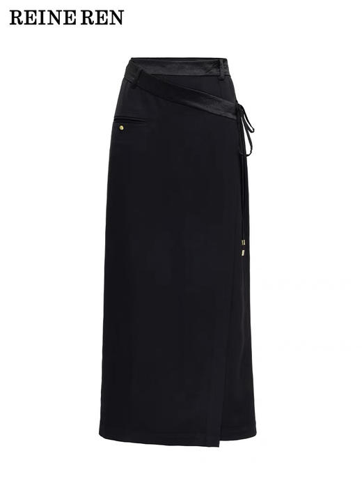 捆绑系带可调节腰头醋酸混纺垂感直筒长半裙 商品图3