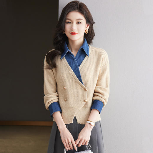 短款开衫高腰配裙子，拼接牛仔衬衫领针织衫CC- 27-24134 商品图3