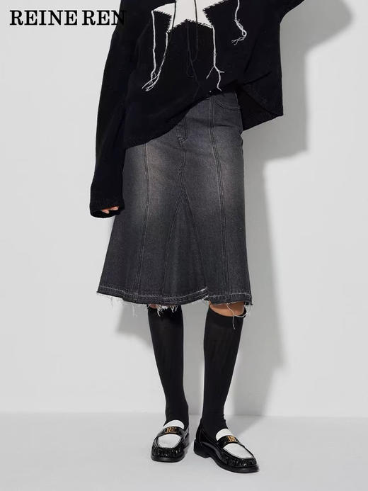 黑色解构式鱼尾款棉质牛仔包臀半身裙 商品图0