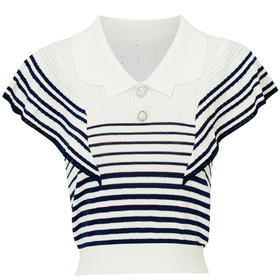 海军风翻领条纹拼接T恤上衣