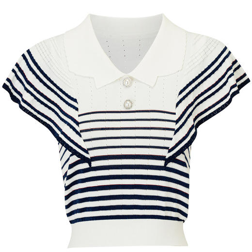 海军风翻领条纹拼接T恤上衣 商品图0