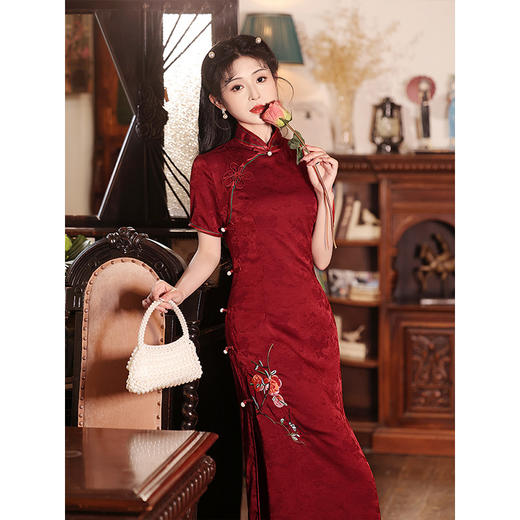 红色旗袍敬酒服新娘刺绣高级感长款LSB2614 商品图1