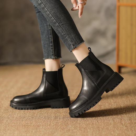 全牛皮~真皮切尔西靴女2023新款秋冬加绒超火烟筒短靴厚底马丁靴 商品图2
