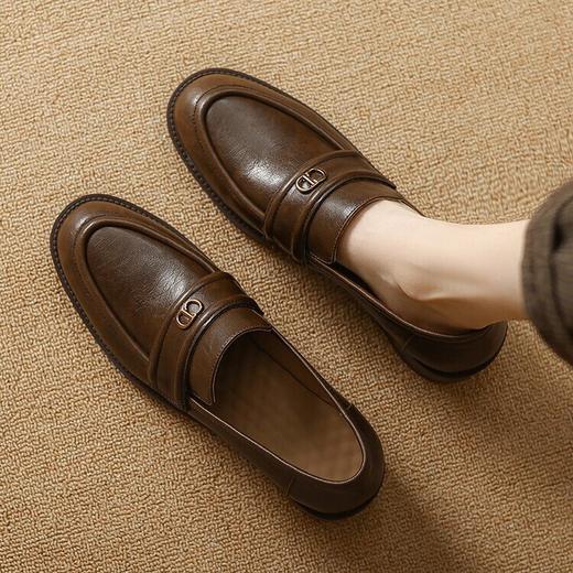 【预售5天】学院风复古棕色圆头低跟小皮鞋秋冬季新款加绒乐福鞋女SCX&124-1 商品图3