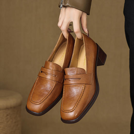 【预售5天】方头深口单鞋头层牛皮，擦色复古低跟休闲小皮鞋SSS&S5937 商品图1