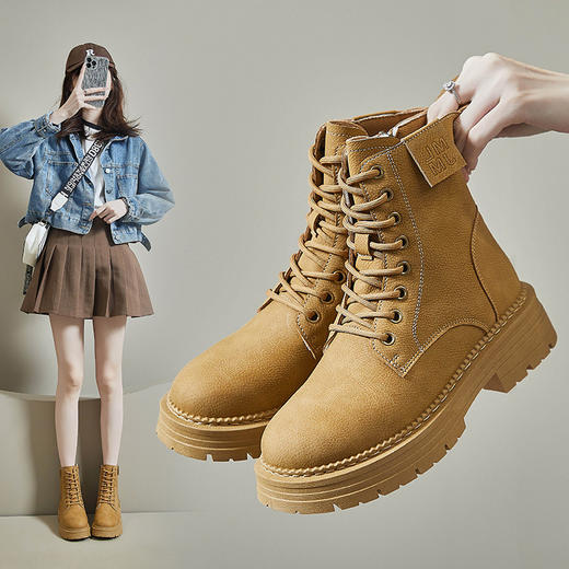 ins潮马丁靴女2024秋季新款英伦休闲厚底增高学生系带机车靴新款爆款小红书网红同款 商品图2