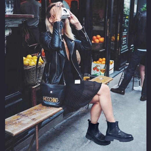 全牛皮~真皮切尔西靴女2023新款秋冬加绒超火烟筒短靴厚底马丁靴 商品图1