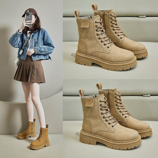 ins潮马丁靴女2024秋季新款英伦休闲厚底增高学生系带机车靴新款爆款小红书网红同款 商品图1