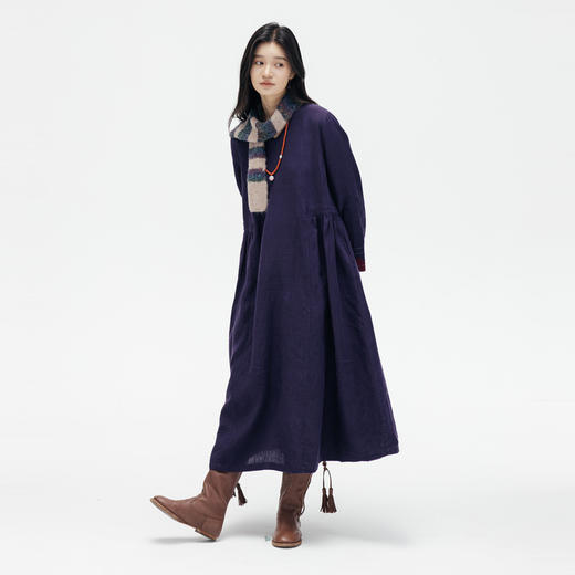 绽放631朵/秋冬*亚麻V领原创图案民族风绣花蓝紫色长袖连衣裙 商品图2