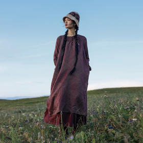 绽放旅行女装691朵/早秋*纯亚麻长袖印花染色V领草咖连衣裙