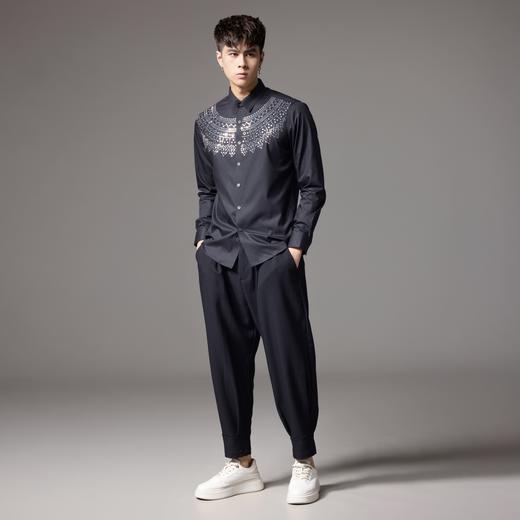 PINLI品立秋季新款修身长袖衬衫潮牌男几何设计休闲黑色衬衣BG243113044 商品图4