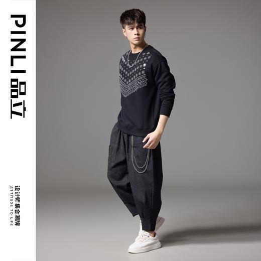 PINLI品立2024秋季新款潮牌烫钻圆领卫衣宽松百搭休闲套头男上衣BG243109037 商品图1