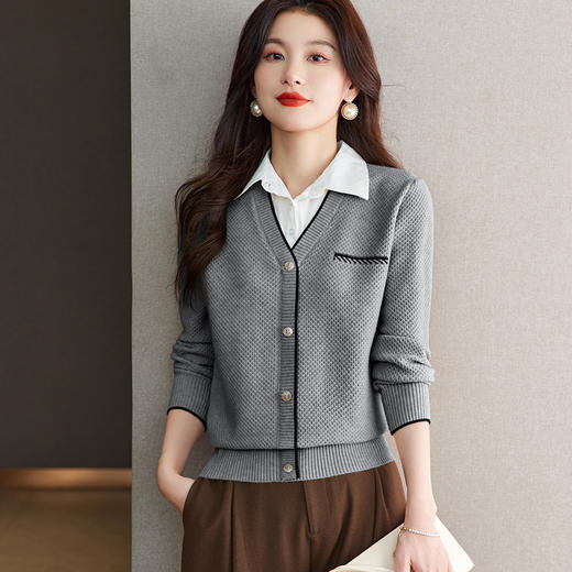 CC-66-5813早秋针织衫假两件衬衫领上衣长袖衬衫领毛衣上衣女 商品图3