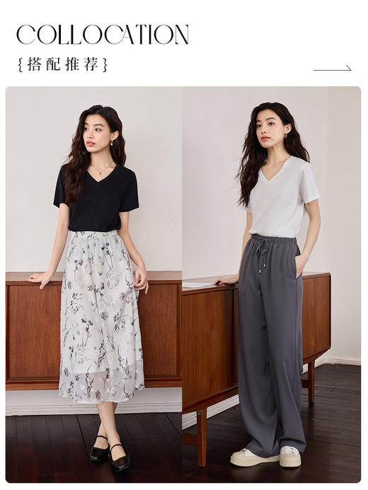 【专属特价】熙世界重磅70s丝光棉t恤女短袖夏简约纯色V领体恤上衣 商品图3