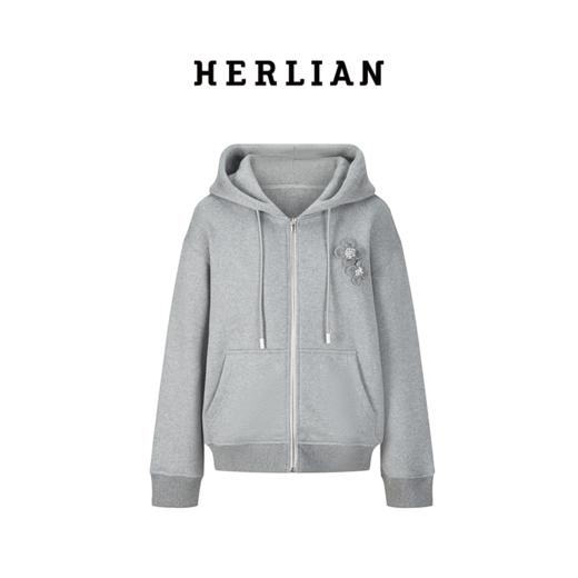 HL2DAWHO2029 灰色绣花连帽卫衣外套 商品图4