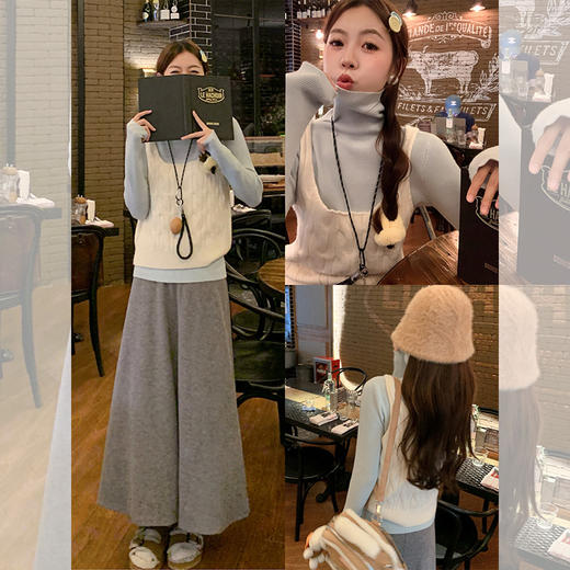 <曾小咸推荐>韩系气质高领打底衫杏色毛织背心套装 商品图0