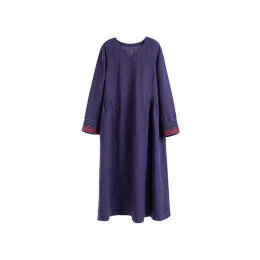 绽放631朵/秋冬*亚麻V领原创图案民族风绣花蓝紫色长袖连衣裙 商品图4