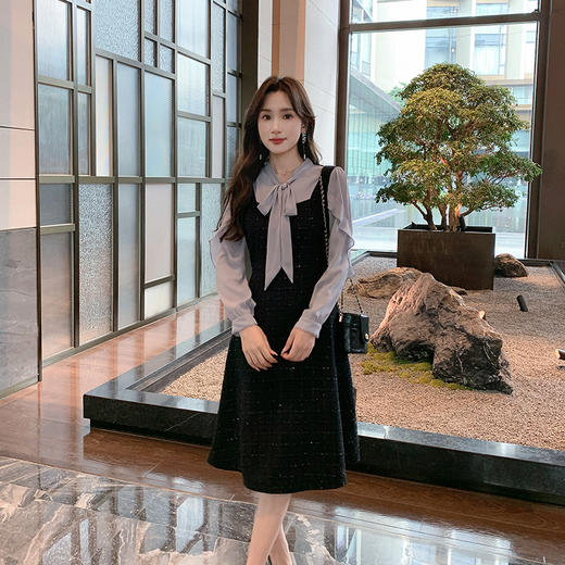 奢姿大码女装2024秋季减龄蝴蝶结绑带裙子胖妹妹假两件拼接连衣裙9943826599 商品图2