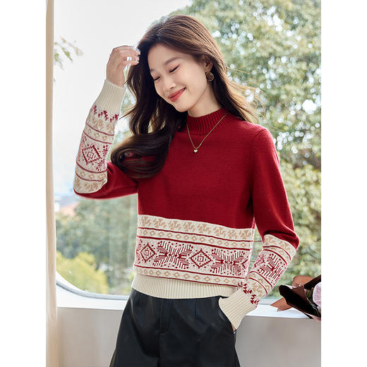 【年终特卖】熙世界氛围感撞色提花毛衣半高领红色打底针织衫2025年冬季新款 商品图2