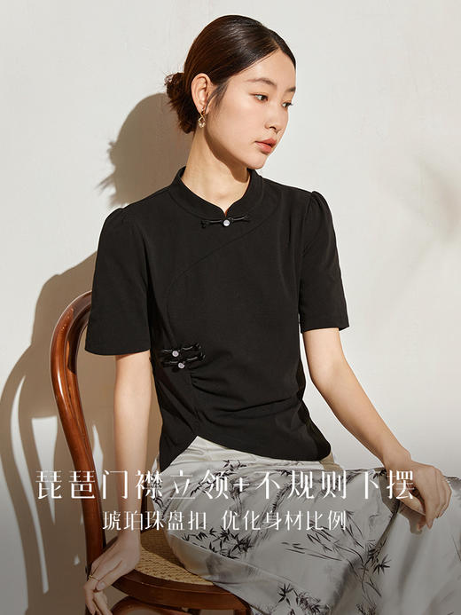 【专属特价】熙世界不规则新中式短袖T恤女夏季复古黑色显瘦上衣盘扣国风小衫 商品图3