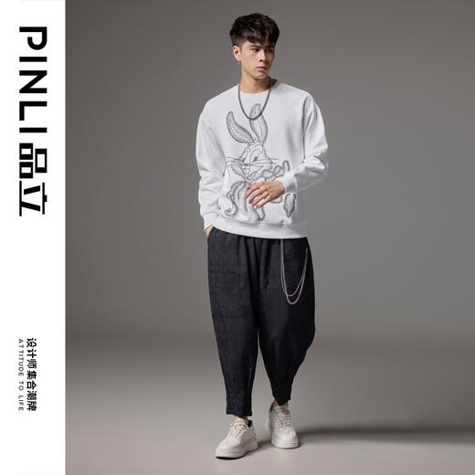 PINLI品立2024秋季新款男士落肩袖圆领宽松兔八哥烫钻套头卫衣潮BG243109025 商品图1