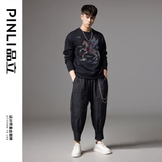 PINLI品立2024秋季新款国潮宽松休闲卫衣男士烫钻飞马祥云上衣潮BG243109038 商品图1