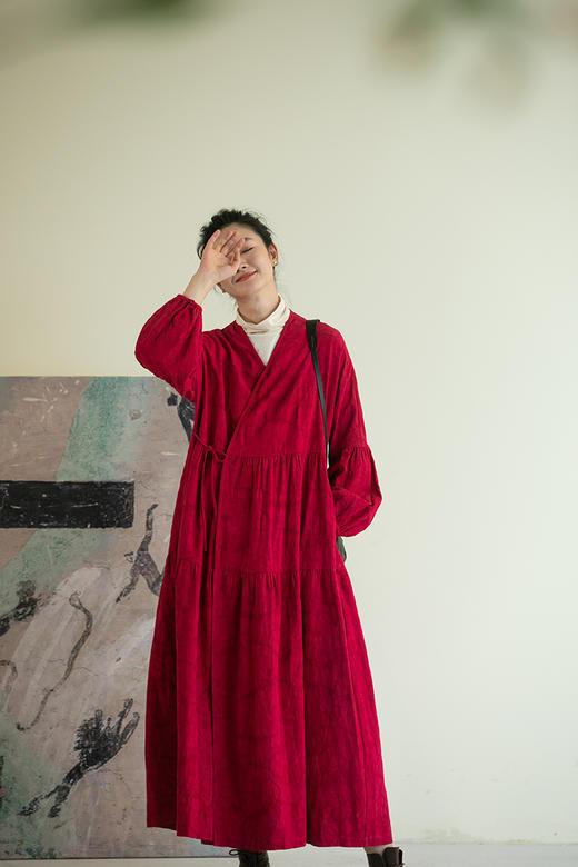 牧衣游原创 提花亚棉麻混纺连衣裙新款禅意系带宽松袍子 隽如初 商品图5