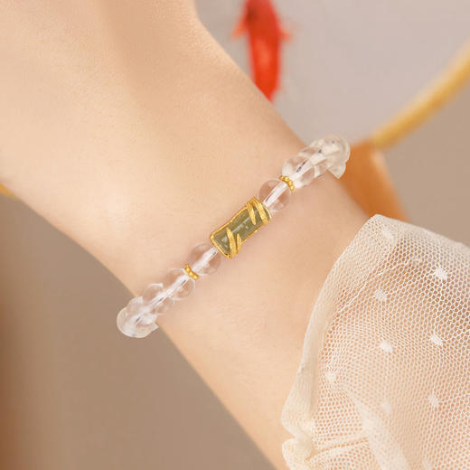 珠事吉祥 原创精品6mm天然白水晶/银镀金 碧玉葫芦手串 商品图3