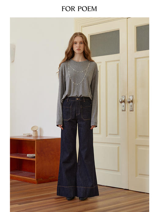 ForPoem 现货 24/FW原创设计复古高腰口袋显瘦微喇牛仔裤 商品图4