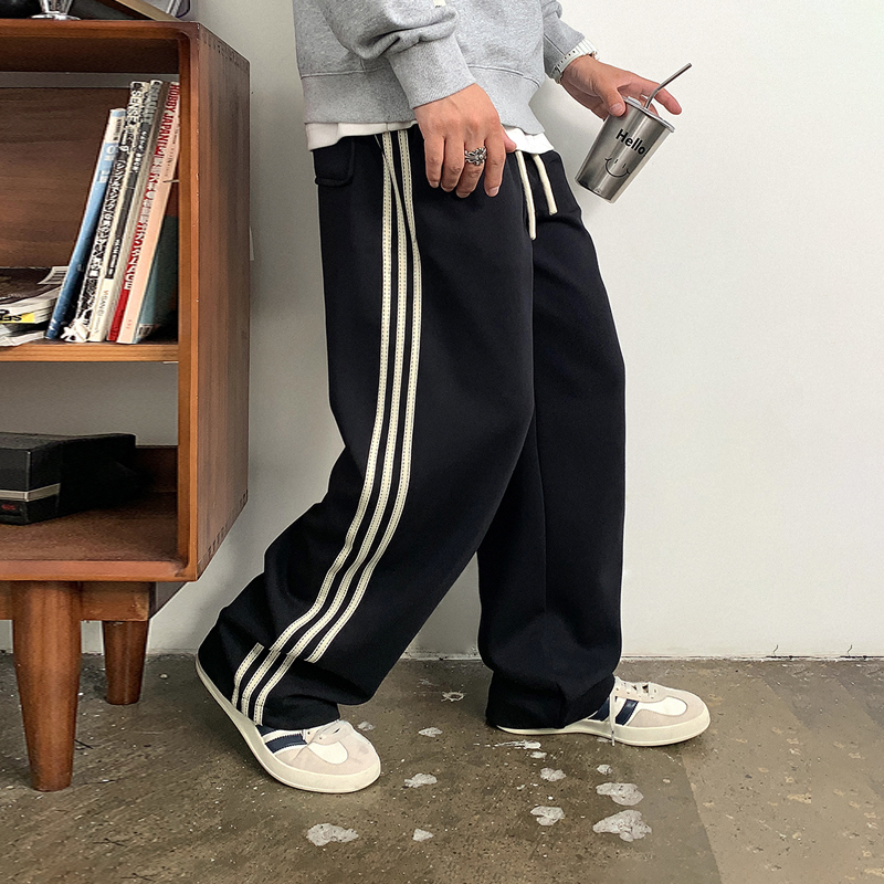 徐太浪美式拼接条纹休闲裤男春秋潮流百搭宽松直筒弹力九分裤长裤