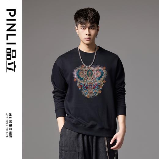 PINLI品立2024秋季新款炫彩大象烫钻套头卫衣男士休闲宽松上衣潮BG243109029 商品图3