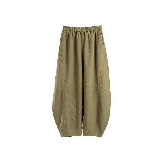 * 绽放旅行女装615朵/秋冬亚麻松紧腰香蕉裤军绿色微阔感休闲裤 商品图4