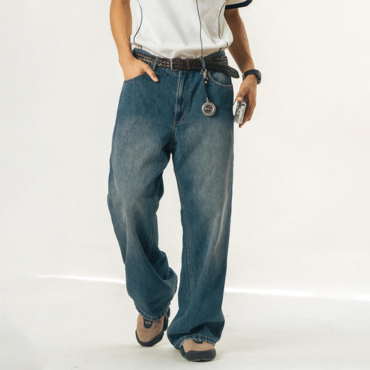 714street潮牌水洗牛仔裤男秋冬款休闲长裤男士美式宽松喇叭裤 商品图1