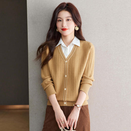 CC-66-5829长袖拼接针织衫女2024秋季新款衬衫领假两件设计感小众别致上衣潮 商品图0