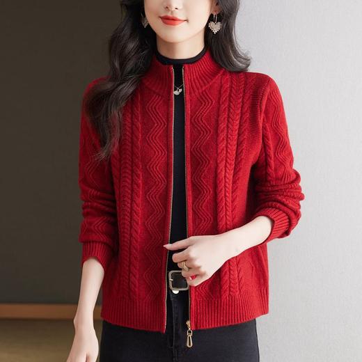CC-101-Q029新款立领拉链针织开衫女短款宽松休闲外套毛衣保暖毛衫麻花上衣潮 商品图0