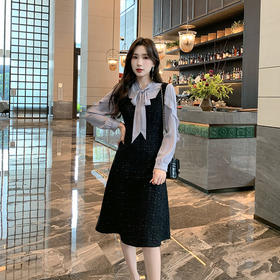 奢姿大码女装2024秋季减龄蝴蝶结绑带裙子胖妹妹假两件拼接连衣裙9943826599