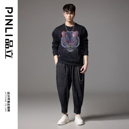 PINLI品立秋季新款男士圆领落肩宽松虎头烫钻套头卫衣上衣潮BG243109040 商品图1