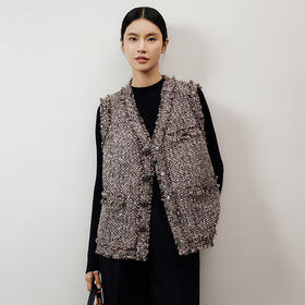 【特价】玳莎流苏毛边编织马甲女2024冬季新款通勤叠穿V领小香风背心外套  ED37001