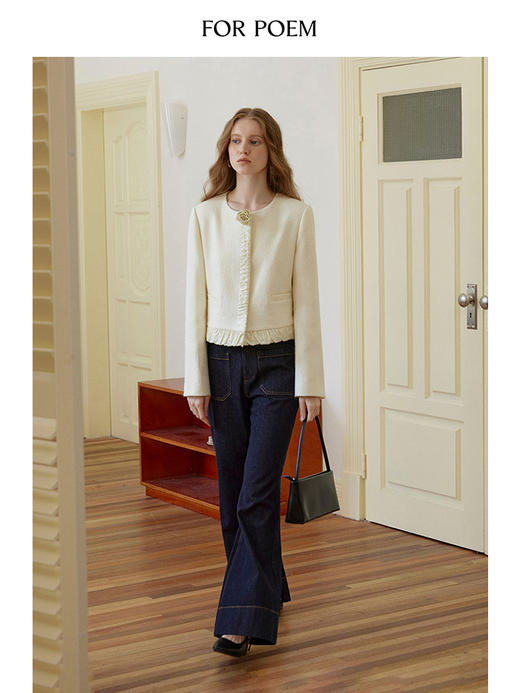 ForPoem 现货 24/FW原创设计缎面花朵拼接褶皱短款羊毛小香风外套 商品图4