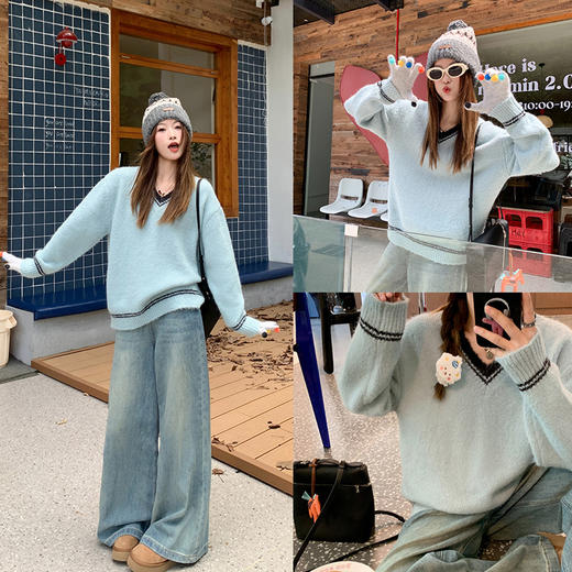 【179元任选2件】现货！气质百搭雾霾蓝撞黑色V领宽松毛衣 商品图1