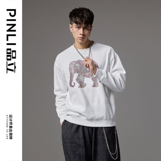 PINLI品立2024秋季新款男士圆领落肩大象烫钻套头卫衣BG243109027 商品图1