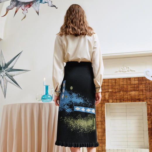 两三事失序派对2024秋季新款复古荷叶边裙摆花色亮点毛织半身裙 商品图3