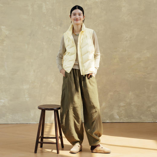 * 绽放旅行女装615朵/秋冬亚麻松紧腰香蕉裤军绿色微阔感休闲裤 商品图1