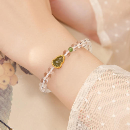 珠事吉祥 原创精品6mm天然白水晶/银镀金 碧玉葫芦手串 商品图2