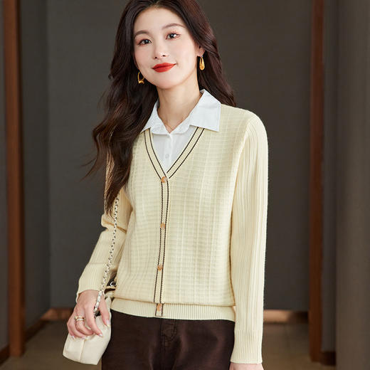 CC-66-5829长袖拼接针织衫女2024秋季新款衬衫领假两件设计感小众别致上衣潮 商品图2